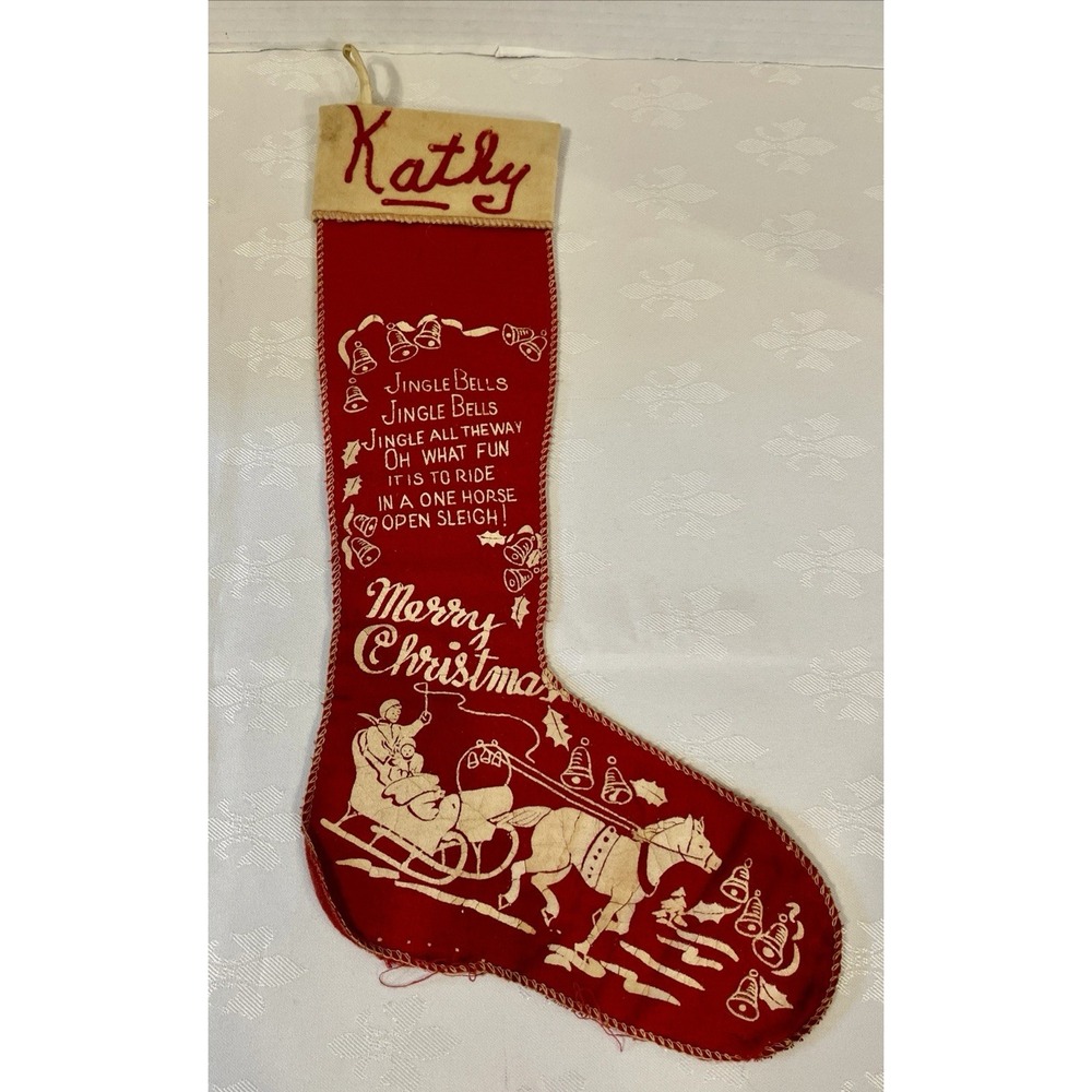 Vtg 1950s Red Felt Christmas Stocking Jingle Bells SleighScreen Print Kathy